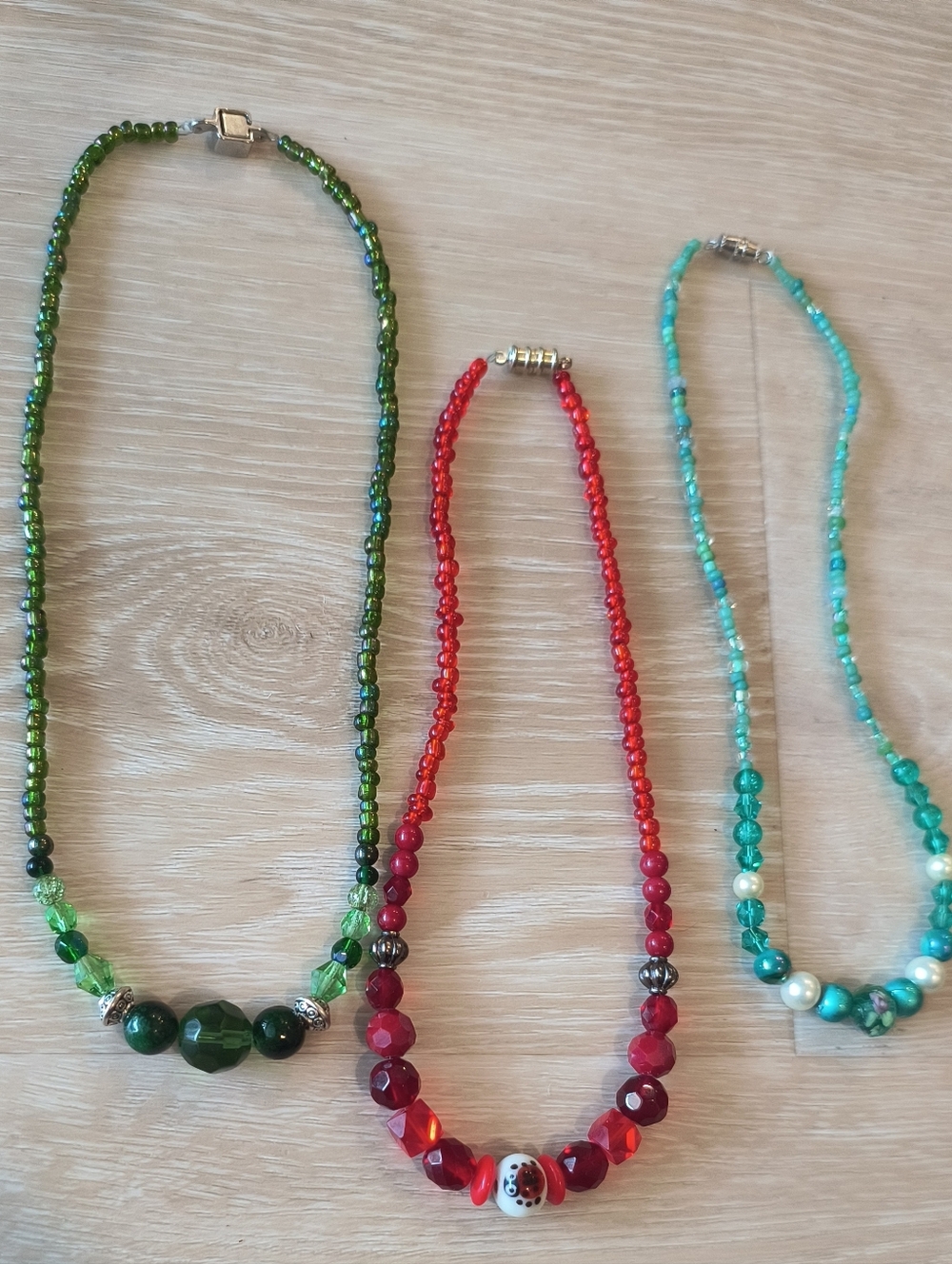 Handcrafted Green, Red & Turquoise Beaded Necklaces